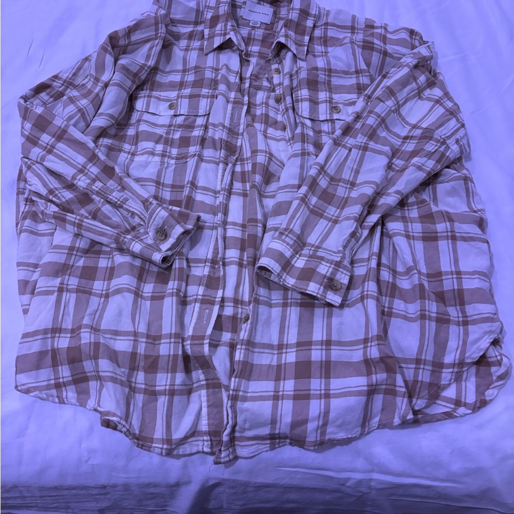 AE Plaid Brown/Cream American Eagle Women's Button Up Flannel Shirt